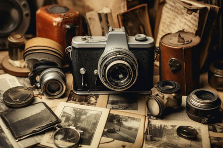 Vintage camera and old photos on the background of an old map, Vintage Camera And Old Photographs, AI Generatedの素材