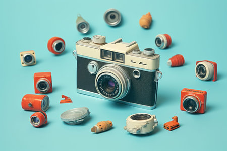Retro camera and film on blue background. Vintage style toned picture, Vintage camera and stickers with fails on blue background, AI Generatedの素材