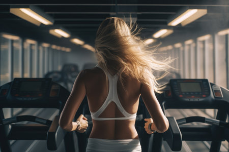 Back view of sporty young woman running on treadmill in gym, Woman running on treadmills at the gym, top section cropped, no face revealed, rear view, no deformation, AI Generatedの素材