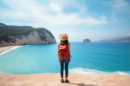Young woman in a hat with a backpack standing on the edge of a cliff and looking at the sea, Young woman with backpack on the beach, Zakynthos island, Greece, AI Generatedの素材