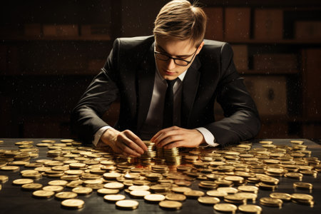 Handsome young man in suit and glasses counting gold coins, Man puting golden coins on a board representing multiple streams of income, AI Generatedの素材
