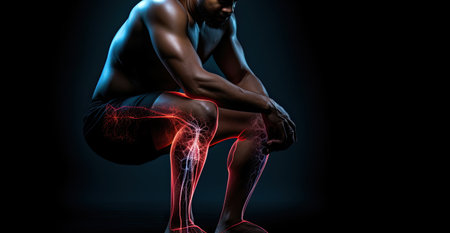 3D Illustration of a man suffering from pain in the knee, Man suffering from knee pain on Black background, panoramic banner, AI Generated3D Illustration of a man suffering from pain in the knee, Man suffering from knee pain on Black background, panoramic banner, AI Generatedの素材