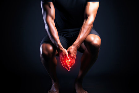 Digital composite of highlighted woman with knee pain against black background with vignette, Man suffering from knee pain on Black background, panoramic banner, AI Generatedの素材