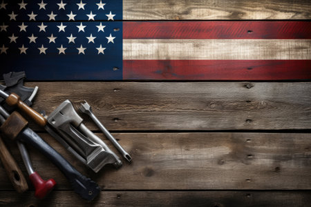 American flag and tools on wooden background. Repair and construction concept, Mechanic Tools And Usa Flag On Wooden Background, copy space, AI Generatedの素材