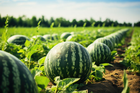 Watermelons growing on a field in summer. Agricultural landscape, Mature big watermelons in the watermelon field, background blurry, AI Generatedの素材