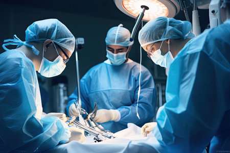 group of veterinarian surgery in operation room take with art lighting and blue filter, Medical Team Performing Surgical Operation in Modern Operating Room, AI Generatedの素材