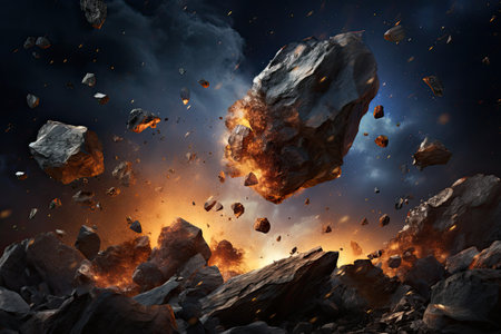Fiery explosion in space. 3d rendering, 3d illustration, Meteorite explosions, fragments and pieces of stones, AI Generatedの素材