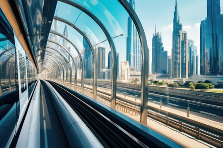 Dubai Metro as world's longest fully automated metro network, Metro railway among among glass skyscrapers in Dubai. Traffic on street in Dubai, AI Generatedの素材