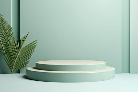 3d render of minimal geometric forms, podium for your design, Minimal scene with podium and abstract background. Pastel blue and green colors scene, AI Generatedの素材