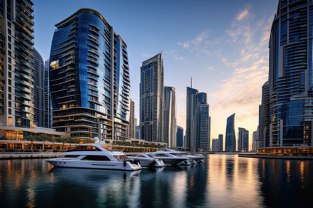 Dubai Marina at sunset in Dubai, UAE. Dubai was the fastest developing city in the world between 2002 and 2008, Modern buildings in Dubai Marina, Dubai, AI Generatedの素材