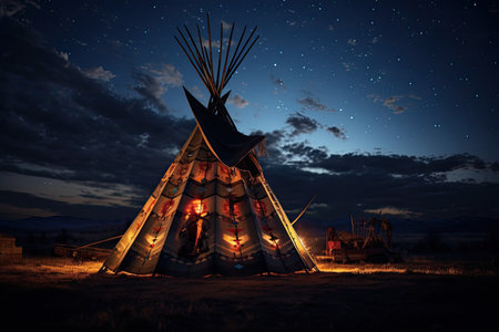 Native american indian teepee at night. 3D rendering, Native american indian teepee at night with starry sky, AI Generatedの素材