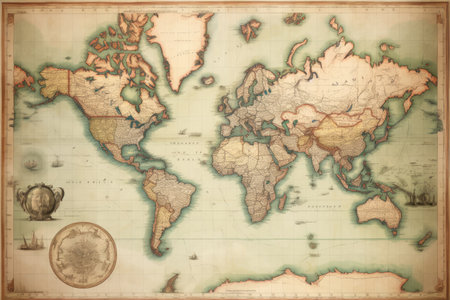 Vintage map of the world on old paper. Sepia toned, Old Antique World Map on Mercators Projection, AI Generatedの素材