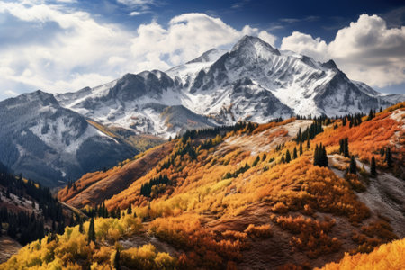 Colorful autumn alpine scenery with snowcapped peaks and coniferous forest, Panorama mountain autumn landscape, AI Generatedの素材