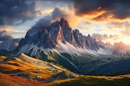 Panoramic view of Dolomites mountain range, Italy, Panoramic view of the Dolomites. Italy, Europe, AI Generatedの素材