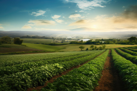 Peanut field at sunset. Beautiful summer landscape in South Korea, Panoramic photo of a beautiful agricultural view with pepper and leek plantations, AI Generatedの素材