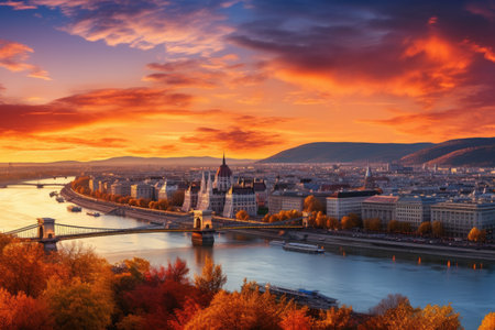 Panoramic view of Budapest and Danube river at sunset, Hungary, Panoramic view over the budapest at sunset, AI Generatedの素材
