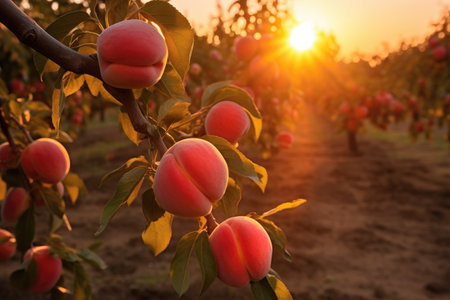 Ripe peaches on a branch in the orchard. Peach orchard at sunset, peaches in the farm field, AI Generatedの素材