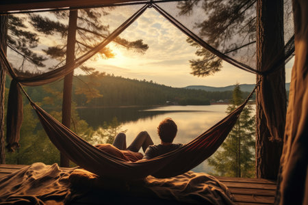 Couple relaxing in hammock on lake shore at sunset. Man and woman relaxing on hammock in forest. Couple in love on vacation, person view couple resting at camping woman laying, AI Generatedの素材