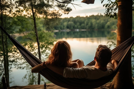 Young couple resting in hammock on the lake shore at sunset, person view couple resting at camping woman laying in hammock with beautiful view of forest lake, AI Generatedの素材