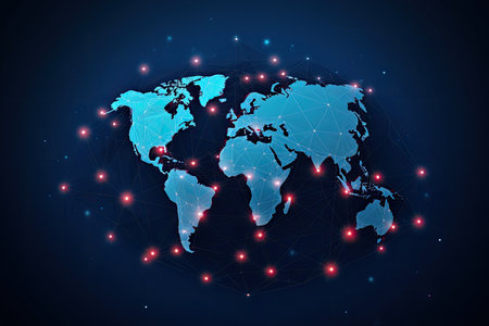 Global network connection concept. Polygonal world map. Vector illustration, Polygon world map with blockchain technology peer to peer network on blue background, AI Generatedの素材
