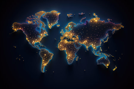 Map of the world, glowing lines on a dark background. Vector illustration, pixel world map with spot lights, AI Generatedの素材