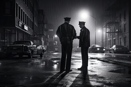 Two police officers shaking hands in a foggy city at night, policemen standing on the street corner overlooking a crime scene, cops in the big city, noir novel or film style, character, AI Generatedの素材