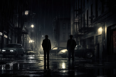 Silhouette of man in raincoat standing in the street at night, policemen standing on the street corner overlooking a crime scene, cops in the big city, noir novel or film style, AI Generatedの素材