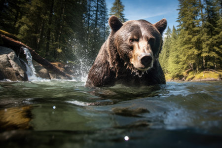 Brown bear swims in the water of the river in the forest, Professional underwater shot of a salmon searching for food, AI Generatedの素材