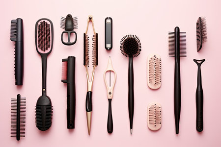 Professional hairdresser tools on pink background, flat lay, Professional hairdresser doing hairstyle for women in beauty salon, close up shot, AI Generatedの素材