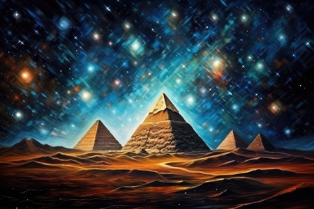 Fantasy landscape with pyramids and stars in the night sky, Pyramids in the desert at night time. Starry sky, milky way. Abstract picture in the style of post-impressionism, AI Generatedの素材