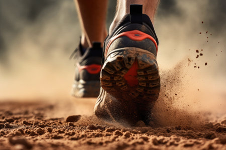 Runner feet running on sand track closeup. Sport and healthy lifestyle concept, Rear view closeup sport shoe of racer in running on trail with dust, AI Generatedの素材