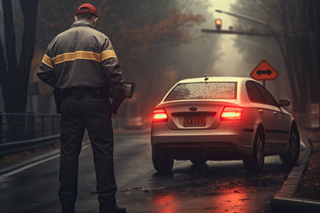 A man in a police uniform is standing by a car on a rainy day, rear view Highway patrol worker checking the car in an accident, AI Generatedの素材