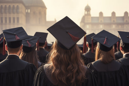 back view of graduates in cap and gowns at university graduation ceremony, rear view of A group of graduates tips their graduation caps upwards, AI Generatedの素材