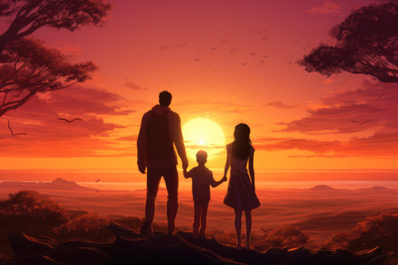 Family on the beach at sunset. Silhouette of a man and a woman holding hands, rear view of a happy family at sunset, AI Generatedの素材