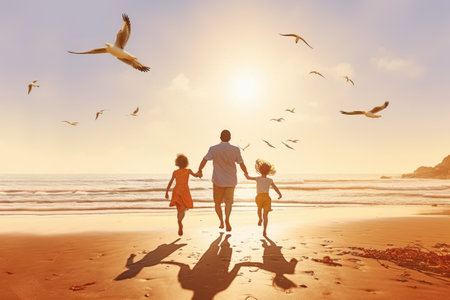 Family Beach Holiday Vacation Traveling Togetherness Concept. Father and children, rear view Happy young family running and jumping on summer beach, AI Generatedの素材