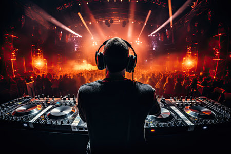 Young disc jockey mixing music with headphones at a nightclub party, rear view DJ with headphones at a nightclub party, AI Generatedの素材