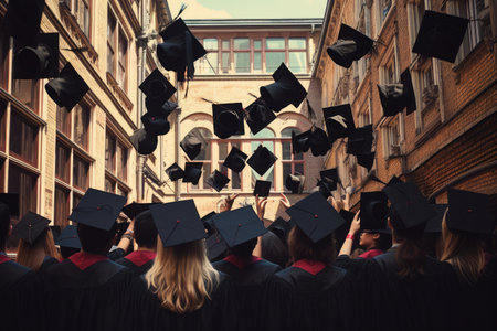 Group of graduates in mortarboards and gowns walking down the street, rear view of A group of graduates tips their graduation caps upwards, AI Generatedの素材