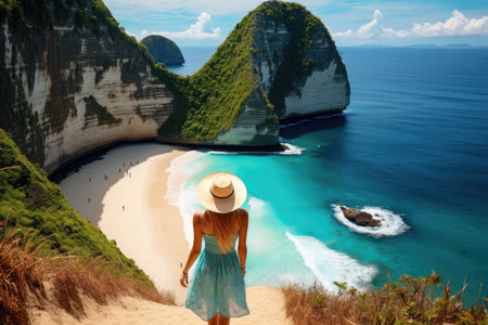 Beautiful woman in a straw hat on the beach of Nusa Penida, Indonesia, rear view of a Woman walking at Kelingking Beach in Nusa penida island, Bali, Indonesia, AI Generatedの素材