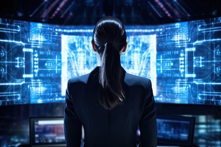 Rear view of businesswoman looking at hologram screen against blue background, Rear view of businesswoman looking at hologram screen against blue background, AI Generatedの素材
