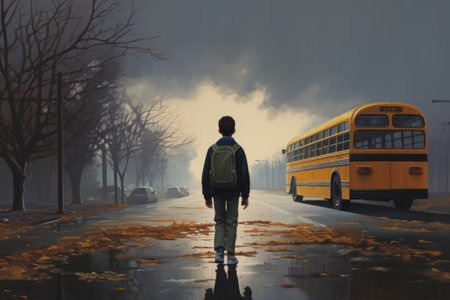 Back view of a schoolboy walking towards school bus on a foggy day, rear view of The boy gets off the school bus and goes home, AI Generatedの素材