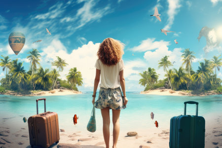 Traveler girl with suitcase on the beach. Travel and vacation concept, rear view of Happy travel woman on vacation concept, AI Generatedの素材