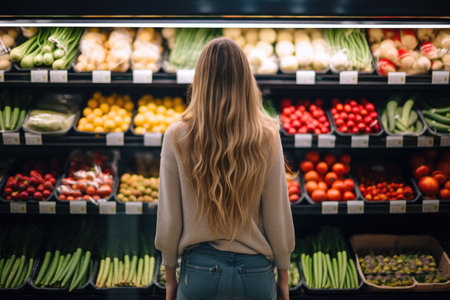 back view of young woman looking at fresh vegetables in grocery store, back view, rear view of Young woman shopping for fruits and vegetables, AI Generatedの素材