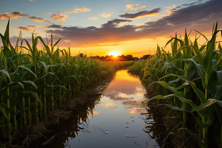 Sunset over corn field with reflection in water, agricultural landscape, Recreation artistic of maizefield with maize plants at sunset, AI Generatedの素材