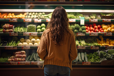 Rear view of woman looking at fresh vegetables on shelf in supermarket, rear view of Young woman shopping for fruits and vegetables, AI Generatedの素材