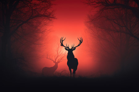 Silhouette of a red deer in a misty forest, Red deer stag silhouette in the mist, AI Generatedの素材