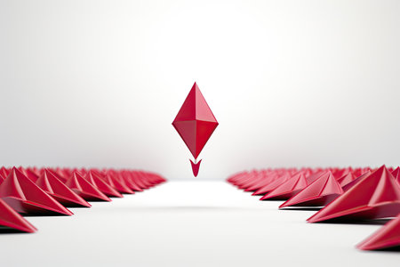 Leadership concept with red paper planes leading to the center. 3D Rendering, Red paper plane and business strategy on white background, Business success, innovation and solution, AI Generatedの素材