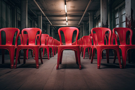 Row of red plastic chairs in an empty room. Toned, red chairs lined up in a row in a room, AI Generatedの素材