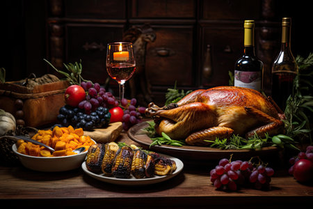 Roasted turkey on wooden table with wine, fruit and crackers, Rustic Thankgiving Dinner, AI Generatedの素材