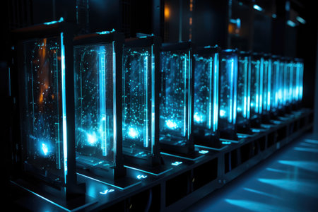 3d rendering of data center or server room with blue glowing lights, Row of network servers with glowing LED lights, AI Generatedの素材