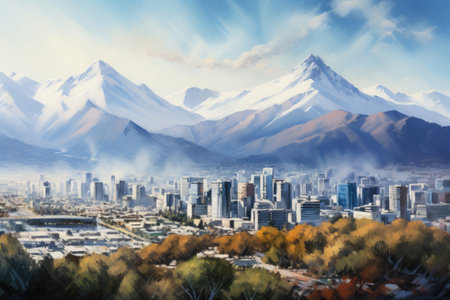 Digital painting of the cityscape of Santiago de Chile, Chile, Santiago Chile cityscape, AI Generatedの素材